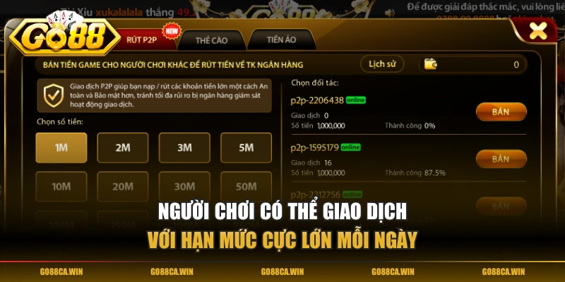 Người chơi có thể giao dịch với hạn mức cực lớn mỗi ngày